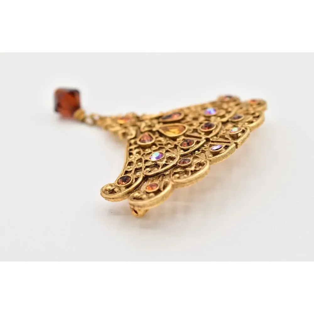 1928 Vintage Brooch Pin Fan Amber Dangle Rhinestone Crystal Gold Tone 80s BinBG